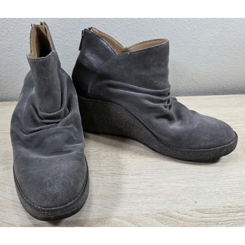 Aetrex Lara WB106‎ Leather Wedge Ankle Booties Womens 8.5 Gray Comfort Boots